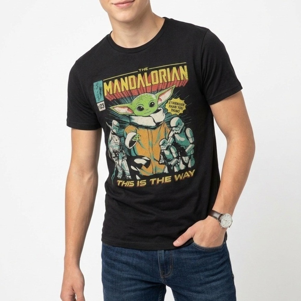 Mens T-Shirt Black Size S Grogu Mandalorian Graphic Retro Comic Sci Fi Tee No 23